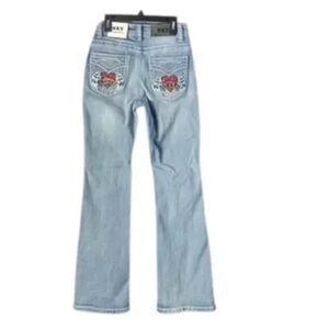 Sky Light Blue Flare Jeans with Embroidered Heart Back Pockets